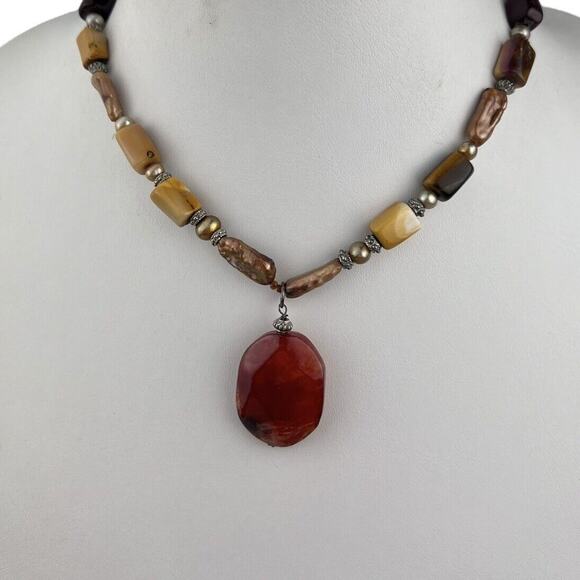 Sterling Silver Real Pearl Ceramic & Stone Necklace Toggle Clasp 16" Fall Colors - Picture 1 of 12